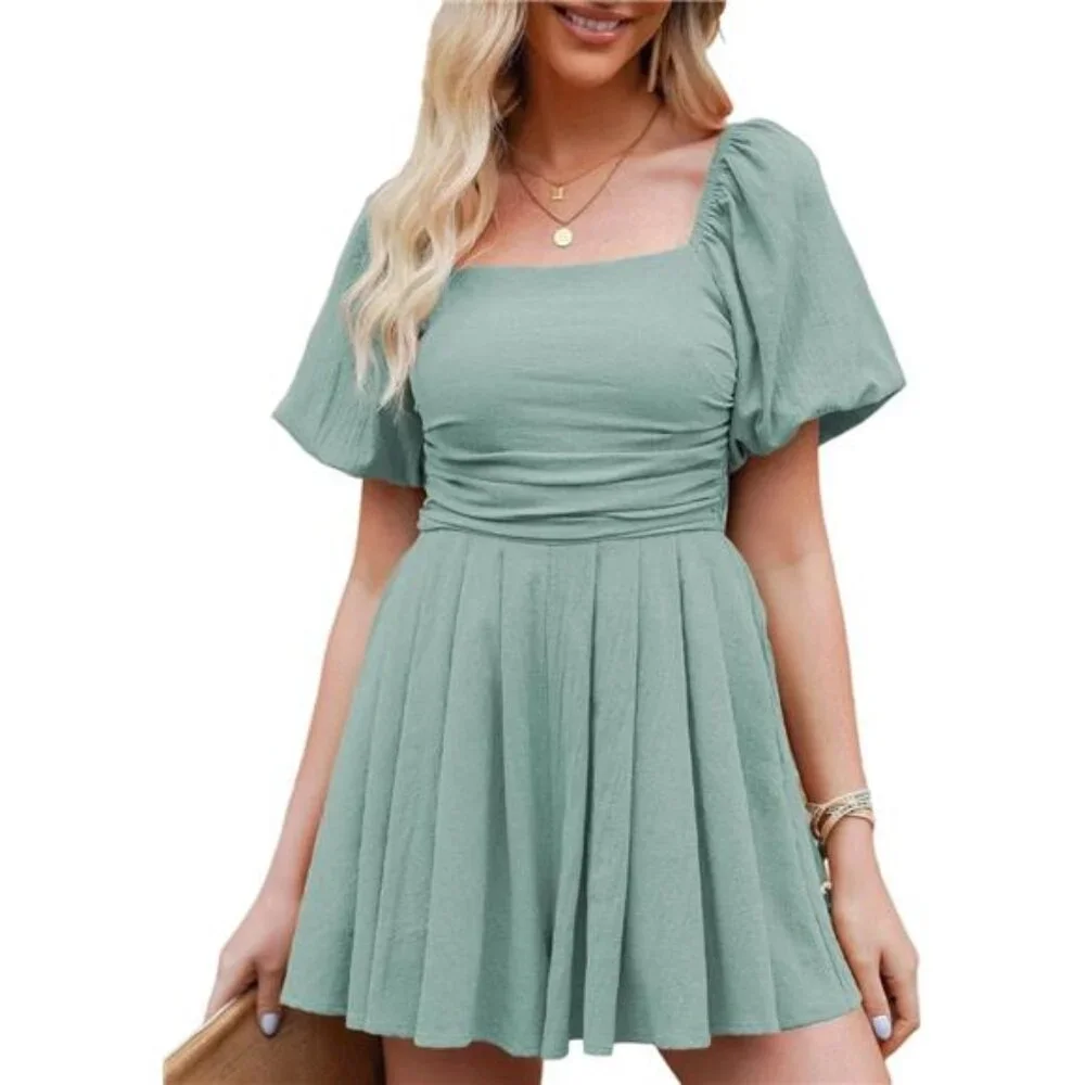 Women's Romper Cute Puff Sleeve Elastic Summer Mini Short Romper Jumpsuit - Picture 1 of 6